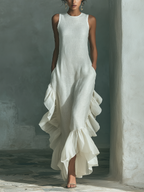 Women’s Ivory Linen Sleeveless Maxi Dress with Round Neck & Ruffle Hem – Soft Elegant Everyday Style