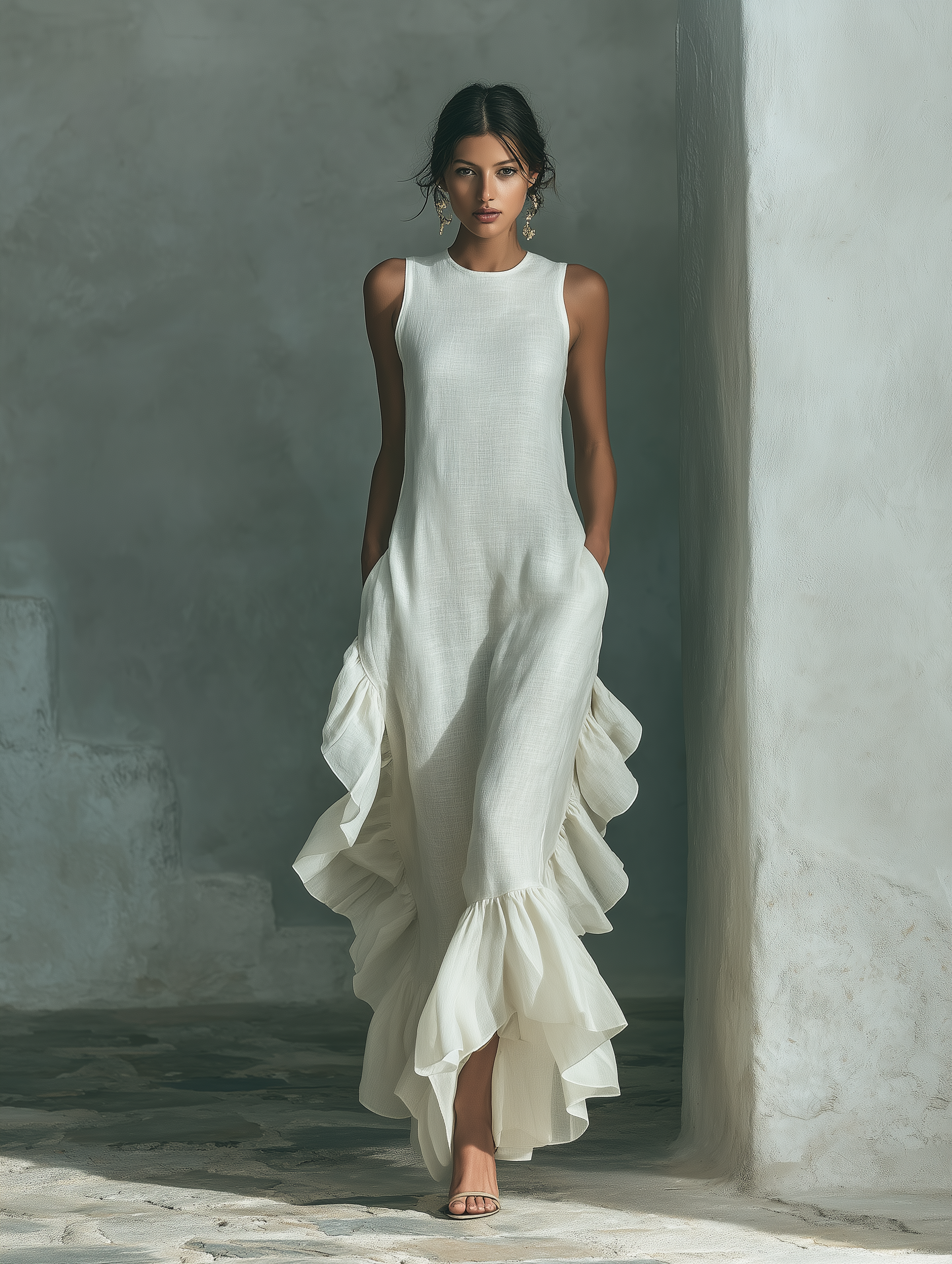 Women’s Ivory Linen Sleeveless Maxi Dress with Round Neck & Ruffle Hem – Soft Elegant Everyday Style