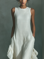 Women’s Ivory Linen Sleeveless Maxi Dress with Round Neck & Ruffle Hem – Soft Elegant Everyday Style