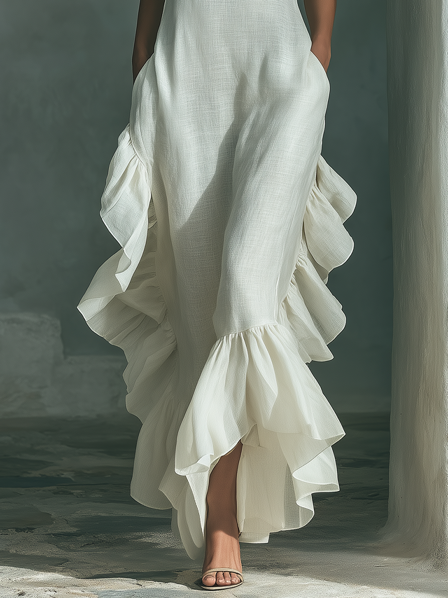 Women’s Ivory Linen Sleeveless Maxi Dress with Round Neck & Ruffle Hem – Soft Elegant Everyday Style