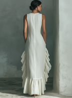 Women’s Ivory Linen Sleeveless Maxi Dress with Round Neck & Ruffle Hem – Soft Elegant Everyday Style