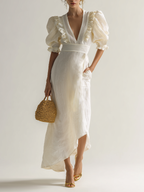 Ivory Ruffle V-Neck Puff Sleeve Linen Midi Dress Women's Romantic Structured Waistband Dress with Pockets