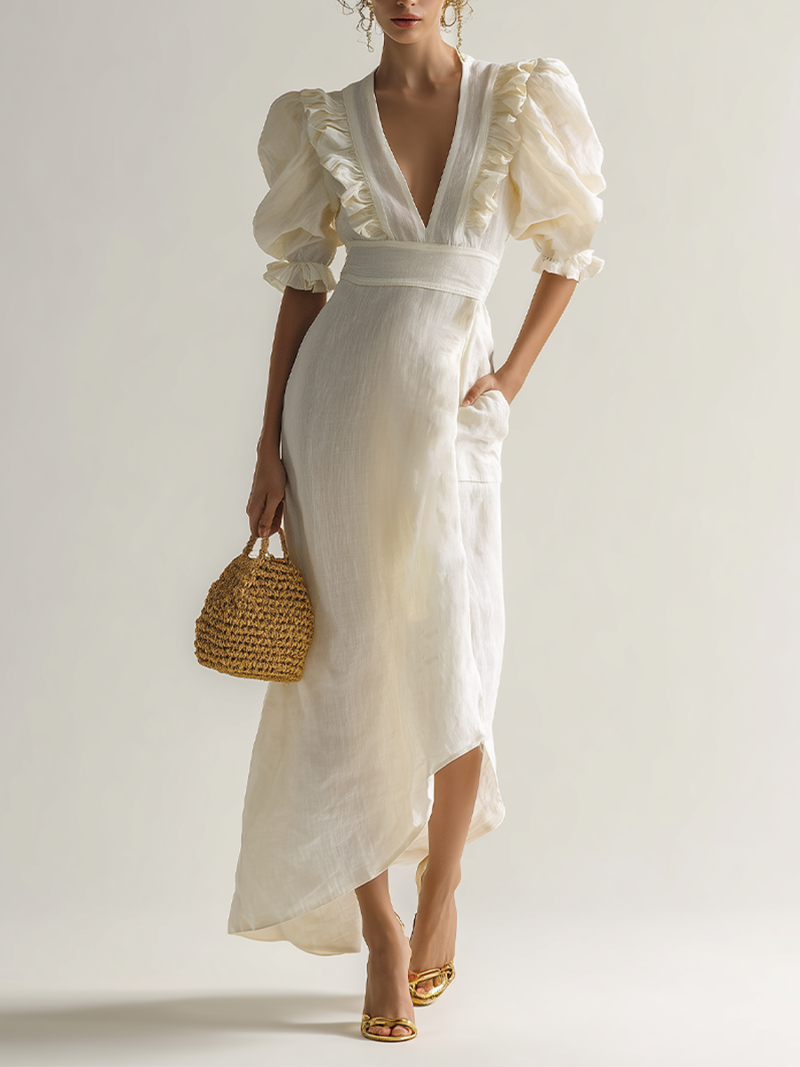 Ivory Ruffle V-Neck Puff Sleeve Linen Midi Dress Women's Romantic Structured Waistband Dress with Pockets