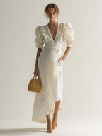 Ivory Ruffle V-Neck Puff Sleeve Linen Midi Dress Women's Romantic Structured Waistband Dress with Pockets