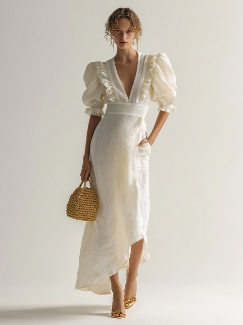 Cremeweißes Leinen-Midikleid mit V-Ausschnitt, Rüschen und Puffärmeln – Romantisches Damenkleid mit strukturiertem Bund und Taschen