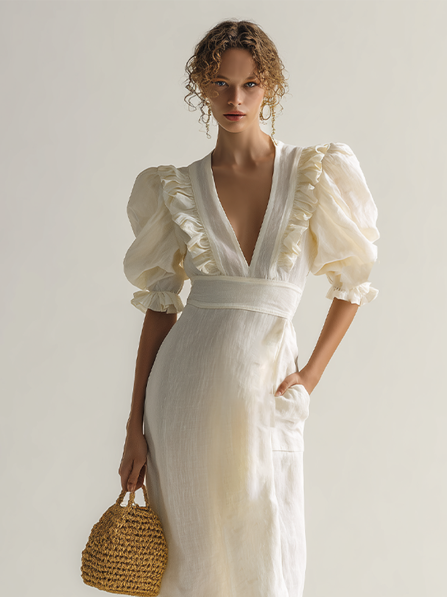 Ivory Ruffle V-Neck Puff Sleeve Linen Midi Dress Women's Romantic Structured Waistband Dress with Pockets