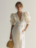 Ivory Ruffle V-Neck Puff Sleeve Linen Midi Dress Women's Romantic Structured Waistband Dress with Pockets