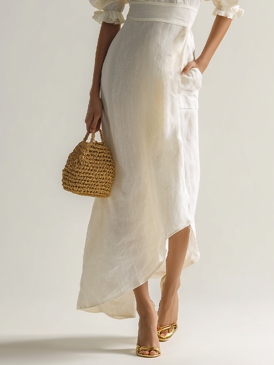 Ivory Ruffle V-Neck Puff Sleeve Linen Midi Dress Women's Romantic Structured Waistband Dress with Pockets