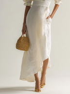 Ivory Ruffle V-Neck Puff Sleeve Linen Midi Dress Women's Romantic Structured Waistband Dress with Pockets