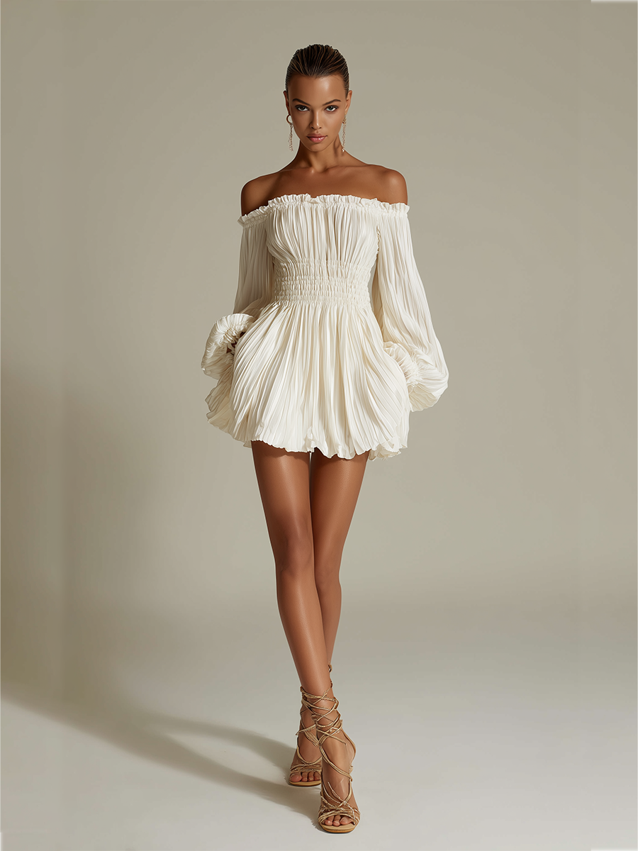 Women’s Ivory Off-Shoulder Pleated Mini Dress – Ruched Waist Sexy Elegant Chiffon Evening Dress with Safety Shorts