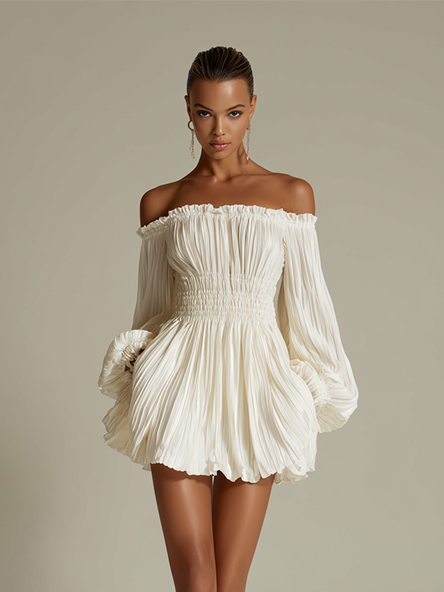Women’s Ivory Off-Shoulder Pleated Mini Dress – Ruched Waist Sexy Elegant Chiffon Evening Dress with Safety Shorts