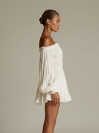 Women’s Ivory Off-Shoulder Pleated Mini Dress – Ruched Waist Sexy Elegant Chiffon Evening Dress with Safety Shorts