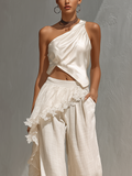 Women’s Ivory Satin One-Shoulder Draped Crop Top – Asymmetrical Hem Elegant Evening Top