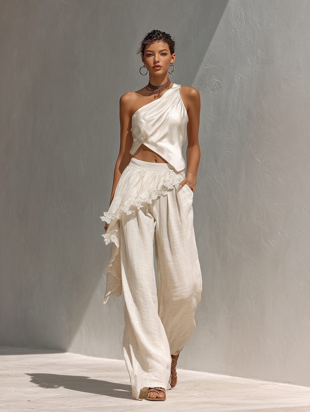 Women’s Ivory Satin One-Shoulder Draped Crop Top – Asymmetrical Hem Elegant Evening Top
