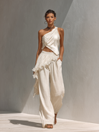 Women’s Ivory Satin One-Shoulder Draped Crop Top – Asymmetrical Hem Elegant Evening Top