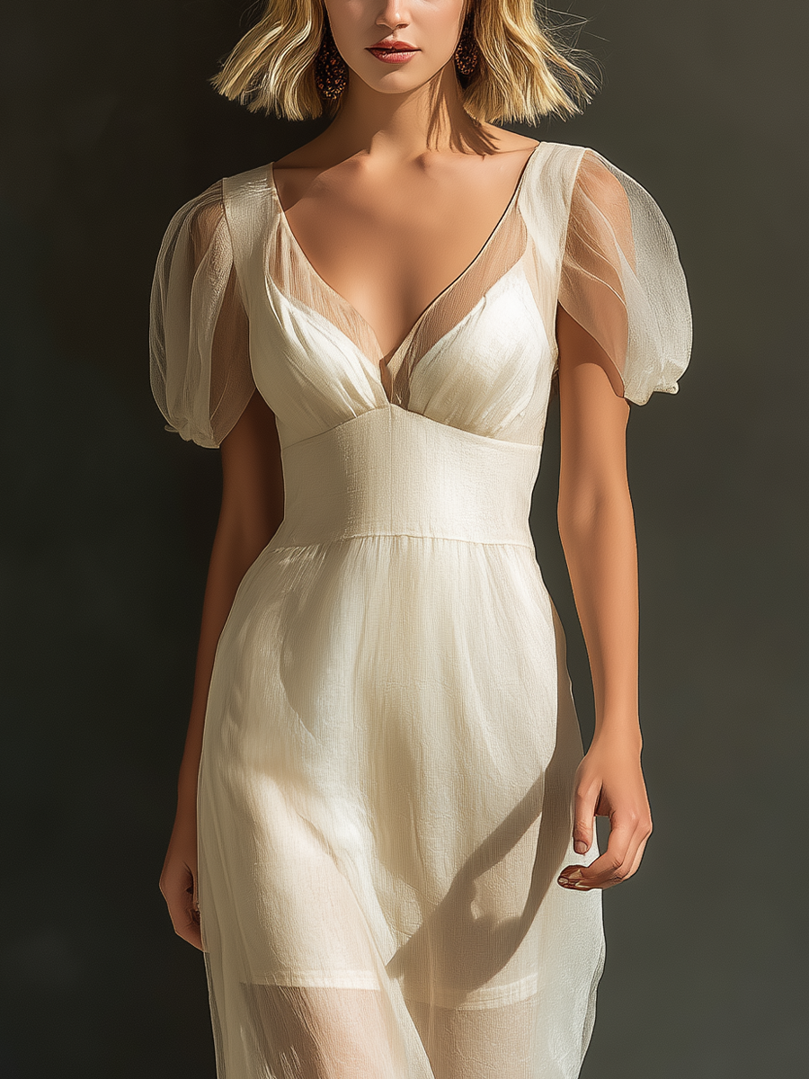 Women’s Ivory Sheer Chiffon Maxi Dress — Puff Sleeve V-Neck, Empire Waist, Flowy Silhouette
