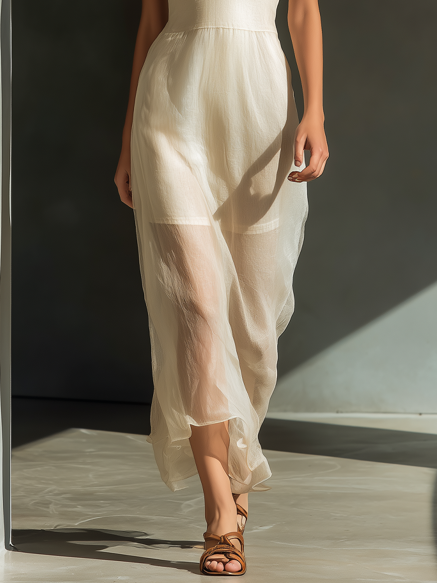 Women’s Ivory Sheer Chiffon Maxi Dress — Puff Sleeve V-Neck, Empire Waist, Flowy Silhouette
