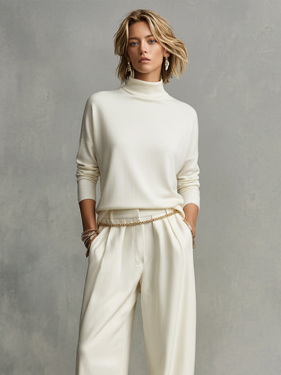 Women’s Ivory Soft Knit Turtleneck – Oversized High Neck Effortless Chic Top