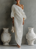 Women’s Ivory White Cotton-Linen Blend One-Shoulder Flowing Dress – Elegant Sophisticated Style