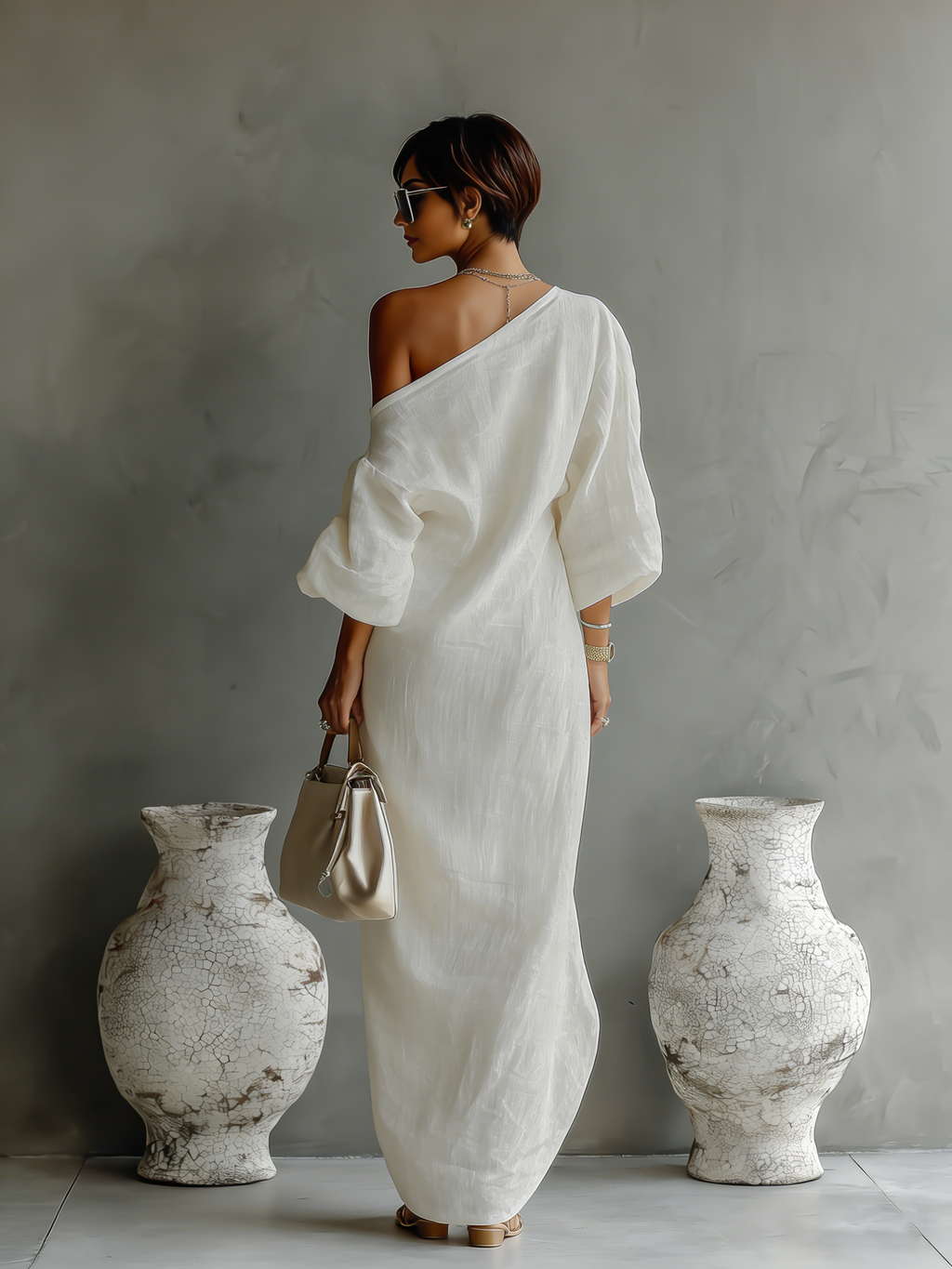 Women’s Ivory White Cotton-Linen Blend One-Shoulder Flowing Dress – Elegant Sophisticated Style