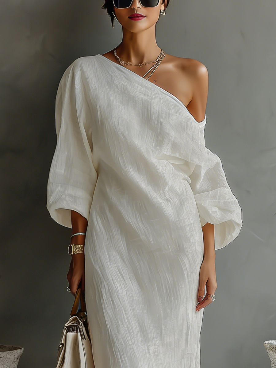 Women’s Ivory White Cotton-Linen Blend One-Shoulder Flowing Dress – Elegant Sophisticated Style