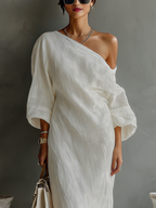 Women’s Ivory White Cotton-Linen Blend One-Shoulder Flowing Dress – Elegant Sophisticated Style