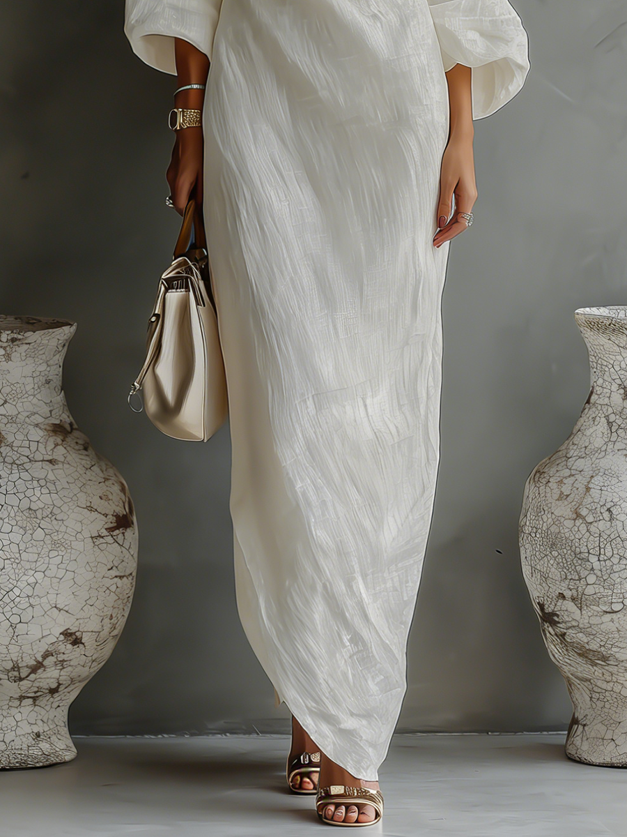 Women’s Ivory White Cotton-Linen Blend One-Shoulder Flowing Dress – Elegant Sophisticated Style
