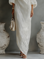 Women’s Ivory White Cotton-Linen Blend One-Shoulder Flowing Dress – Elegant Sophisticated Style