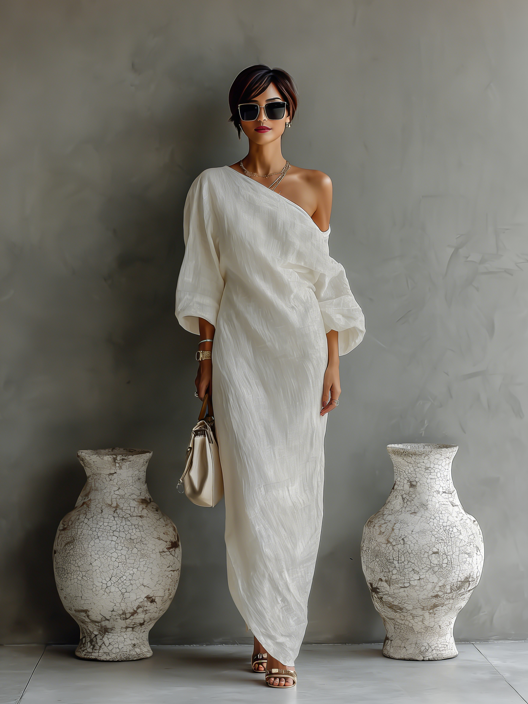 Women’s Ivory White Cotton-Linen Blend One-Shoulder Flowing Dress – Elegant Sophisticated Style