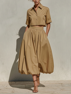 Women’s Khaki Cotton Cropped Shirt – Minimalist Chic Point Collar Top