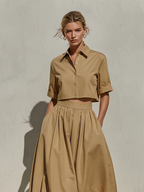 Women’s Khaki Cotton Cropped Shirt – Minimalist Chic Point Collar Top