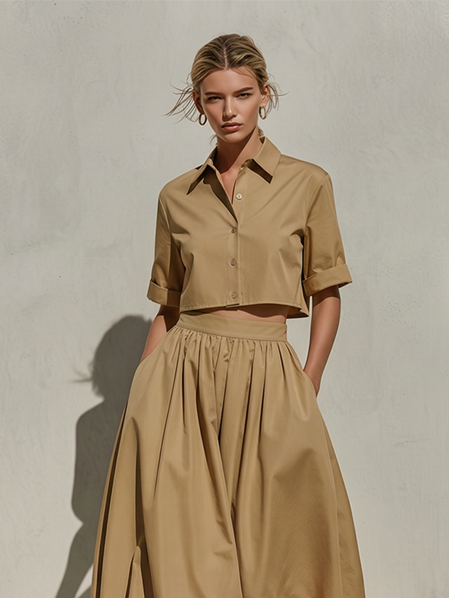 Women’s Khaki Cotton Cropped Shirt – Minimalist Chic Point Collar Top