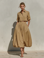 Women’s Khaki Cotton Cropped Shirt – Minimalist Chic Point Collar Top