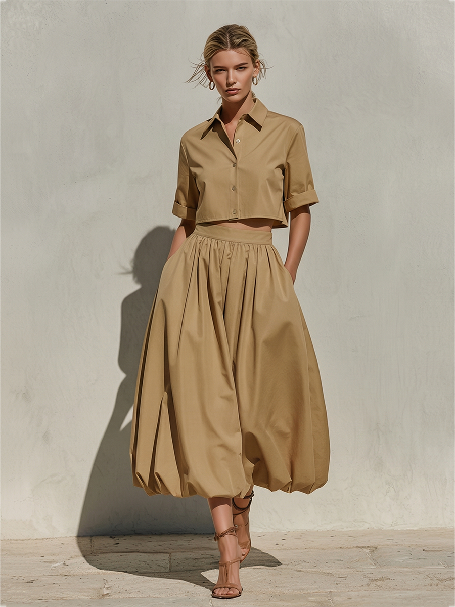 Women’s Khaki Cotton Cropped Shirt – Minimalist Chic Point Collar Top