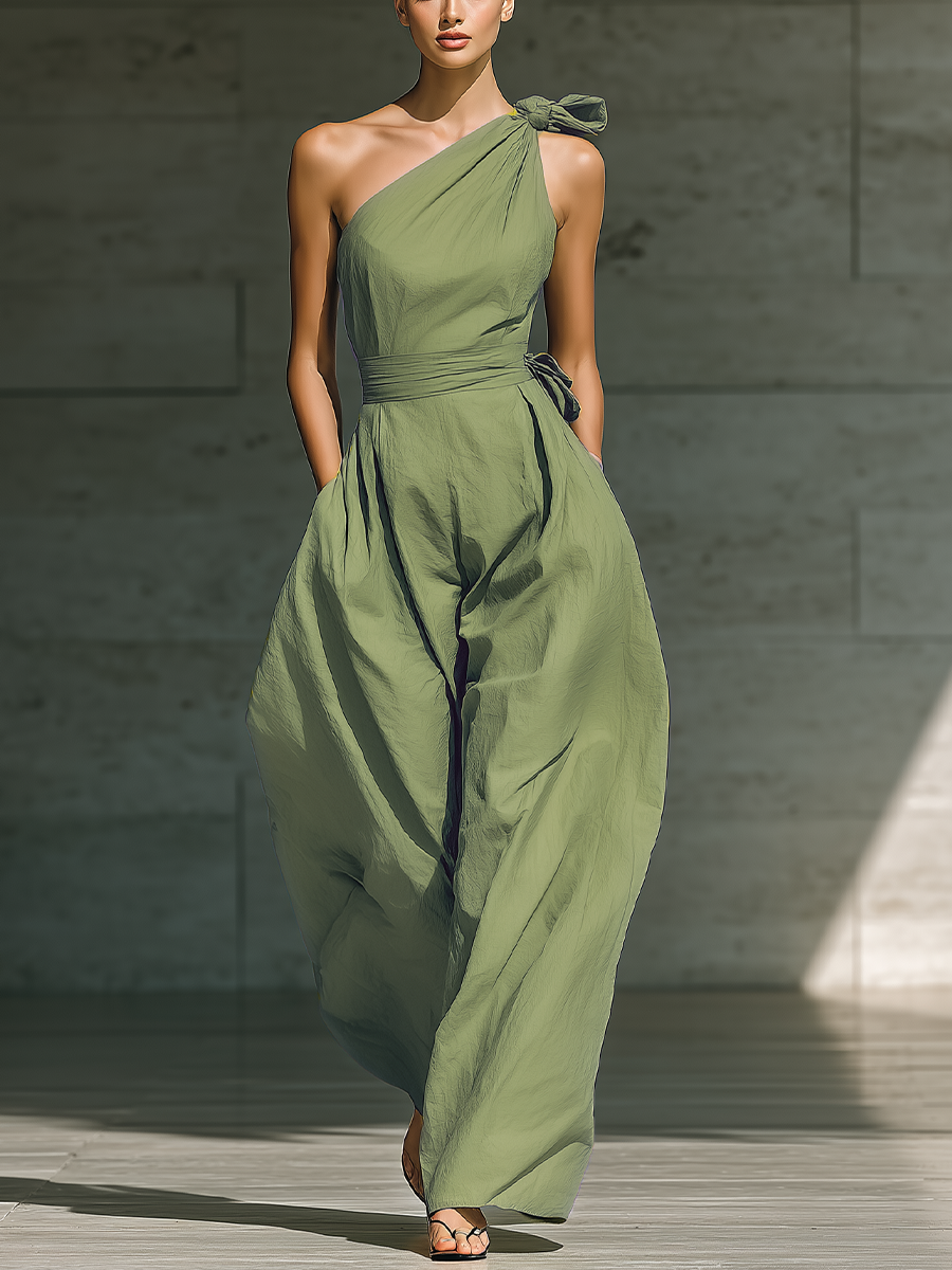 Women’s Light Green One-Shoulder Wide-Leg Jumpsuit – Cotton Linen Blend Tie Waist Relaxed Chic Outfit