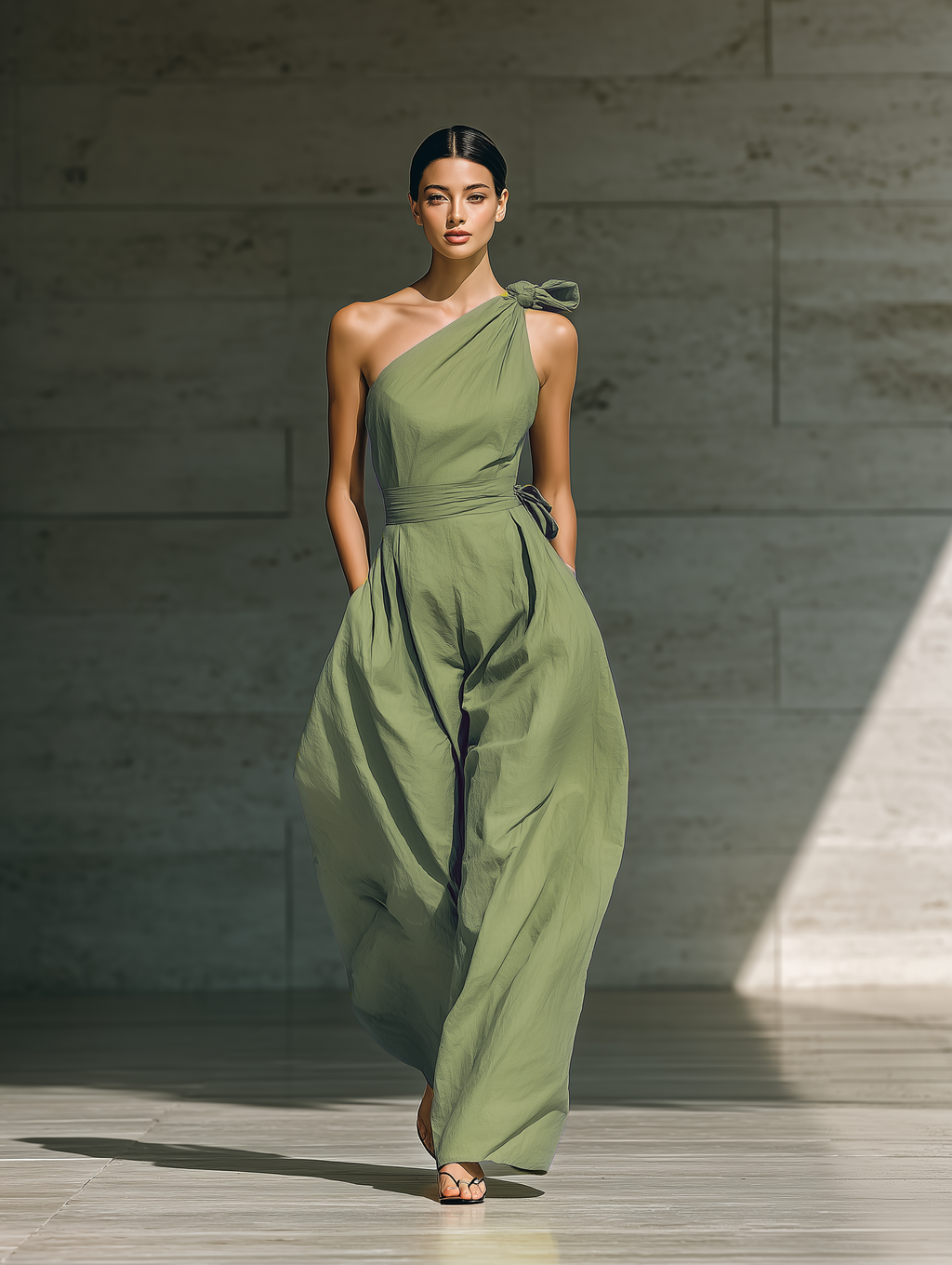 Women’s Light Green One-Shoulder Wide-Leg Jumpsuit – Cotton Linen Blend Tie Waist Relaxed Chic Outfit