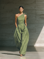 Women’s Light Green One-Shoulder Wide-Leg Jumpsuit – Cotton Linen Blend Tie Waist Relaxed Chic Outfit