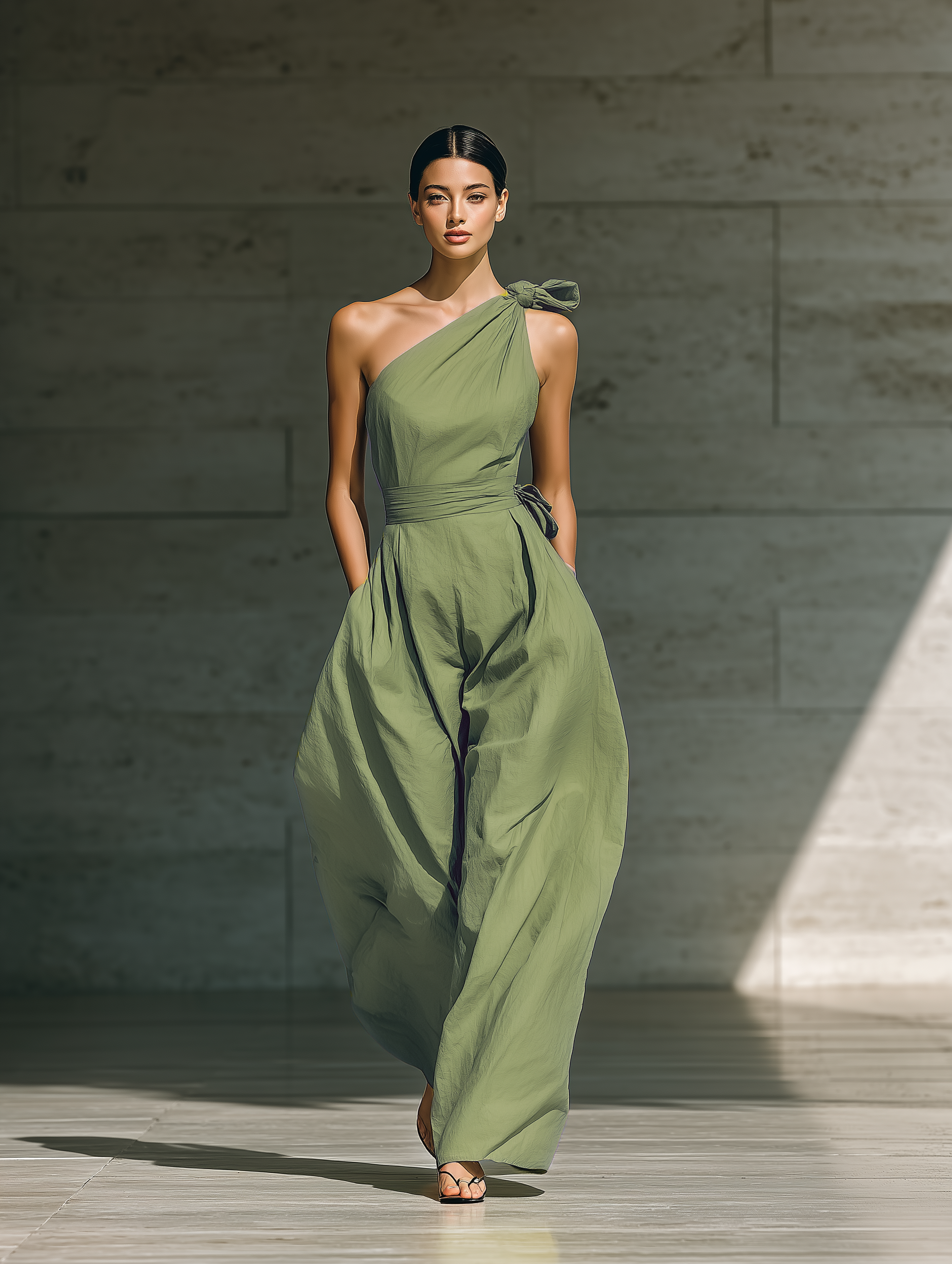 Women’s Light Green One-Shoulder Wide-Leg Jumpsuit – Cotton Linen Blend Tie Waist Relaxed Chic Outfit