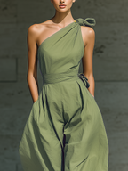 Women’s Light Green One-Shoulder Wide-Leg Jumpsuit – Cotton Linen Blend Tie Waist Relaxed Chic Outfit