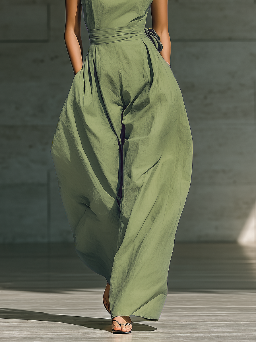 Women’s Light Green One-Shoulder Wide-Leg Jumpsuit – Cotton Linen Blend Tie Waist Relaxed Chic Outfit