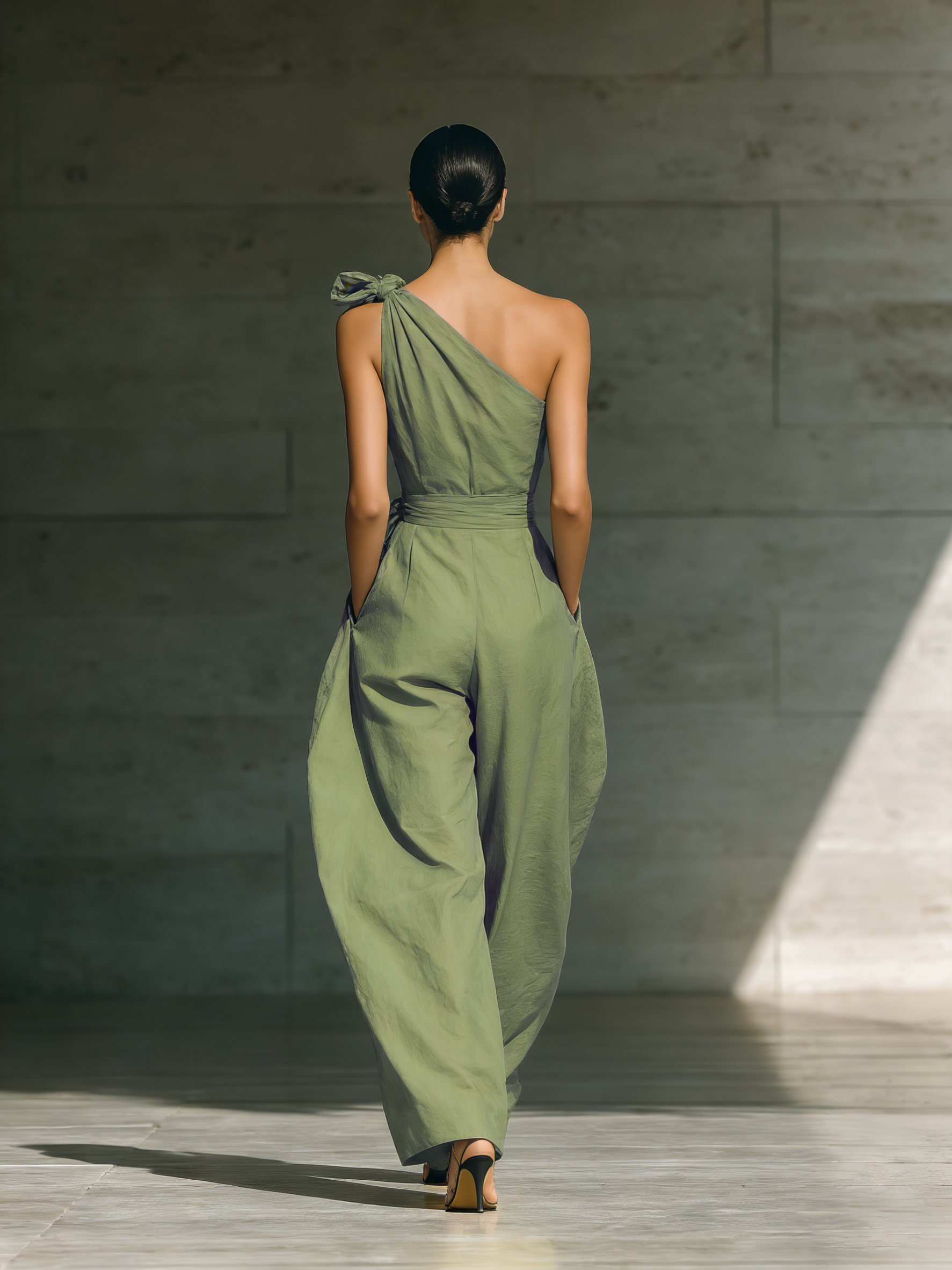 Women’s Light Green One-Shoulder Wide-Leg Jumpsuit – Cotton Linen Blend Tie Waist Relaxed Chic Outfit