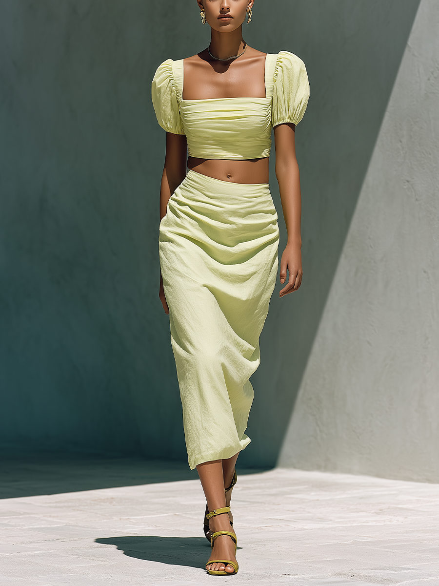 Women’s Light Lime Linen-Blend Two-Piece Set — Square Neck Puff Sleeve Crop Top & Ruched Midi Skirt