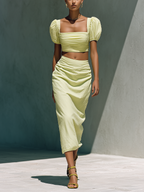 Women’s Light Lime Linen-Blend Two-Piece Set — Square Neck Puff Sleeve Crop Top & Ruched Midi Skirt