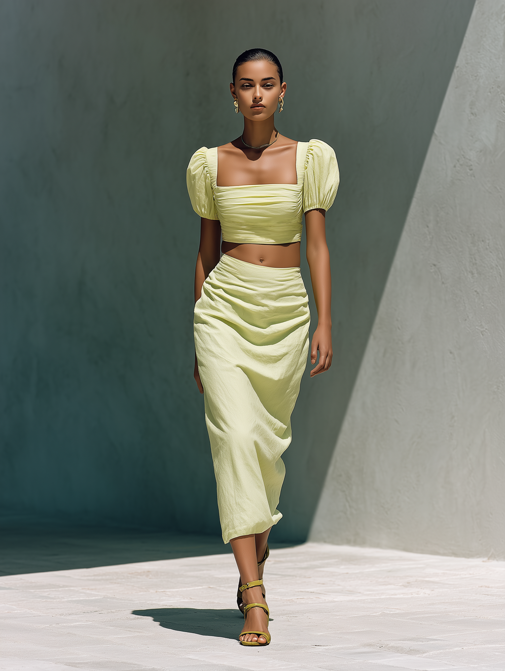Women’s Light Lime Linen-Blend Two-Piece Set — Square Neck Puff Sleeve Crop Top & Ruched Midi Skirt