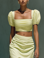 Women’s Light Lime Linen-Blend Two-Piece Set — Square Neck Puff Sleeve Crop Top & Ruched Midi Skirt