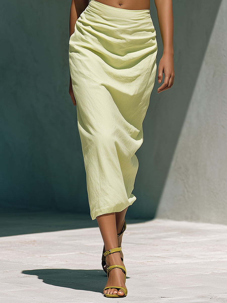 Women’s Light Lime Linen-Blend Two-Piece Set — Square Neck Puff Sleeve Crop Top & Ruched Midi Skirt