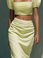 Women’s Light Lime Linen-Blend Two-Piece Set — Square Neck Puff Sleeve Crop Top & Ruched Midi Skirt