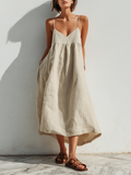 Natural Beige Linen Babydoll Maxi Dress Women's V-Neck Spaghetti Strap Flowy Sundress with Pockets