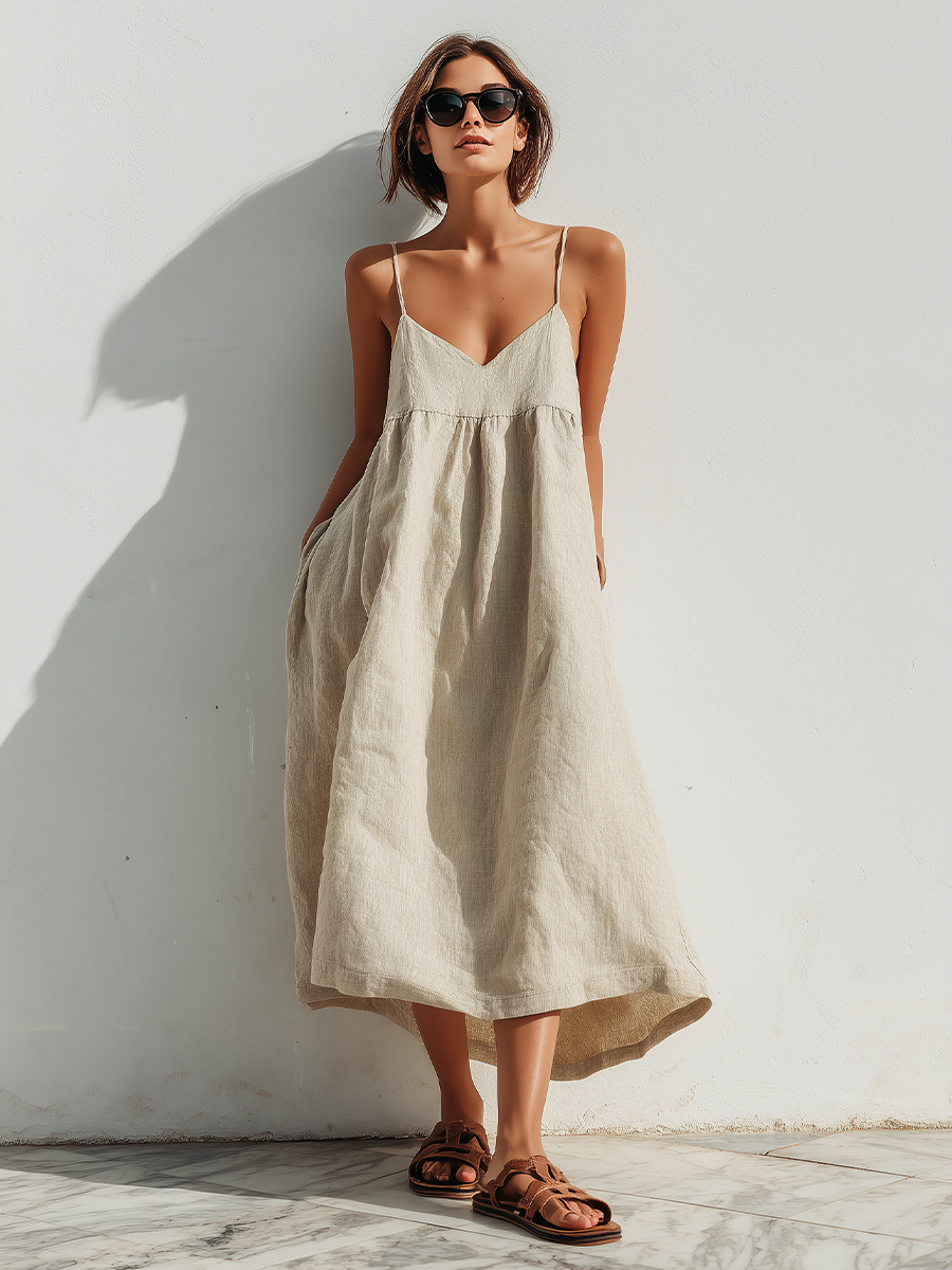 Natural Beige Linen Babydoll Maxi Dress Women's V-Neck Spaghetti Strap Flowy Sundress with Pockets