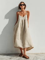 Natural Beige Linen Babydoll Maxi Dress Women's V-Neck Spaghetti Strap Flowy Sundress with Pockets